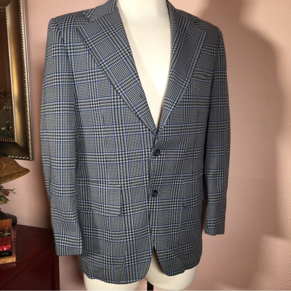 Vintage 1970 Retro mod Blue Plaid two button Sports Coat Wide collar